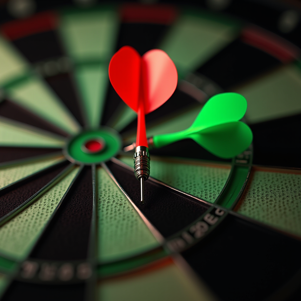 A close-up of a dartboard with red and green darts sticking out.