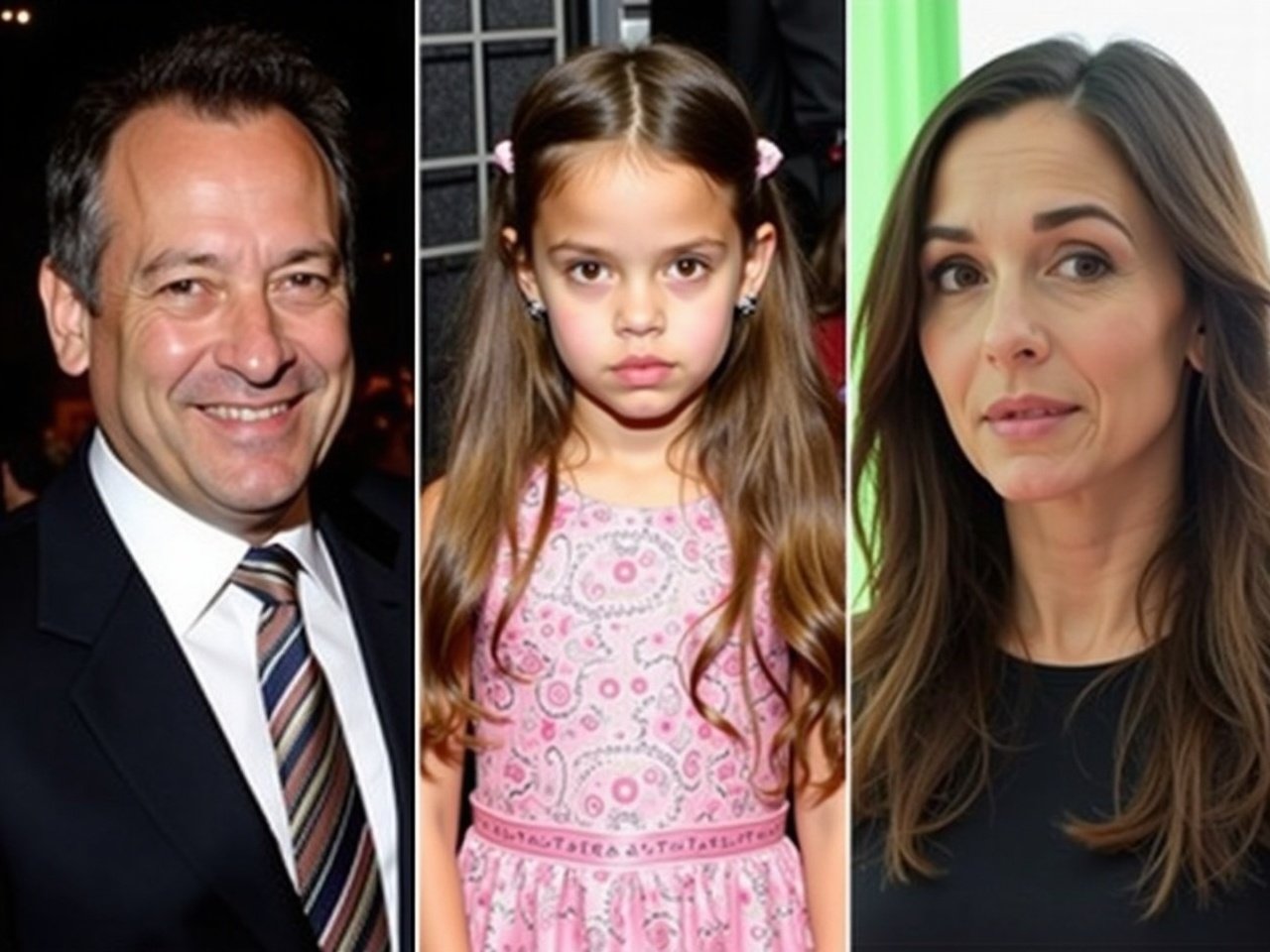 The image is a collage featuring three individuals. The first person, on the left, is wearing a suit with a striped tie and has a welcoming smile. They appear to be in a dimly lit venue, possibly during an event. The middle individual is a young girl with long hair, wearing a pink dress adorned with patterns, looking directly at the camera. Her expression is contemplative. On the right, a woman with long, dark hair is seen in a brightly colored setting, wearing a black top, and has a calm expression with subtle makeup. Each person in the collage seems to be in a different setting.