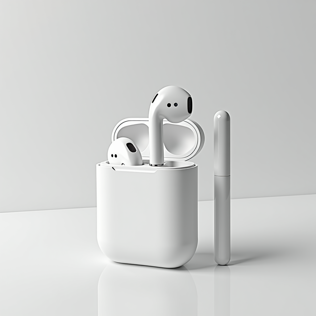 The image shows a pair of white wireless earbuds in an open charging case, standing next to a sleek white pen on a smooth white surface.