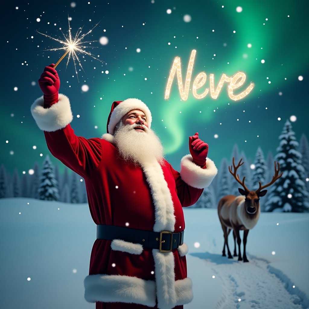 The image captures the essence of a winter wonderland during Christmas. It features Santa Claus in his classic red suit, joyfully pointing upward. He seems to be writing the word 'Neve' in the sky with a sparkling wand. Snowflakes fall softly around him and his reindeer, contributing to the festive atmosphere. The enchanting northern lights serve as a magical backdrop, enhancing the overall charm. This scene beautifully embodies the holiday spirit and joy, making it perfect for seasonal celebrations.