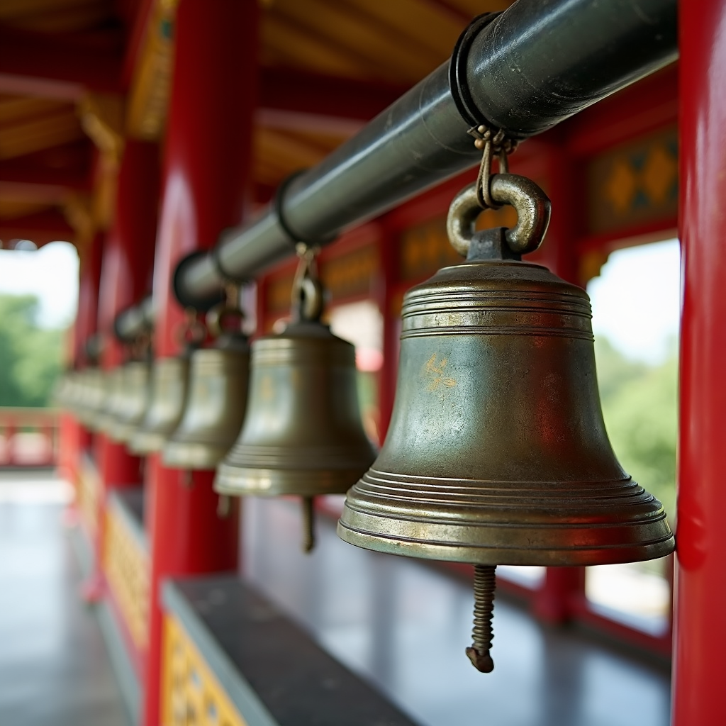 A row of ornate bells hanging in a vibrant red and gold temple setting.