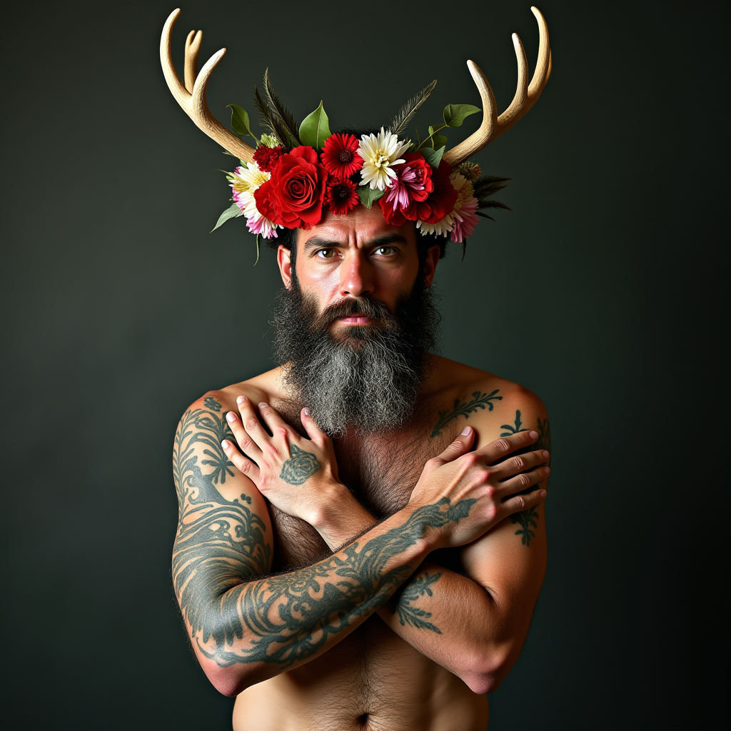 A tattooed bearded man wearing a floral and antler headdress in a contemplative pose.