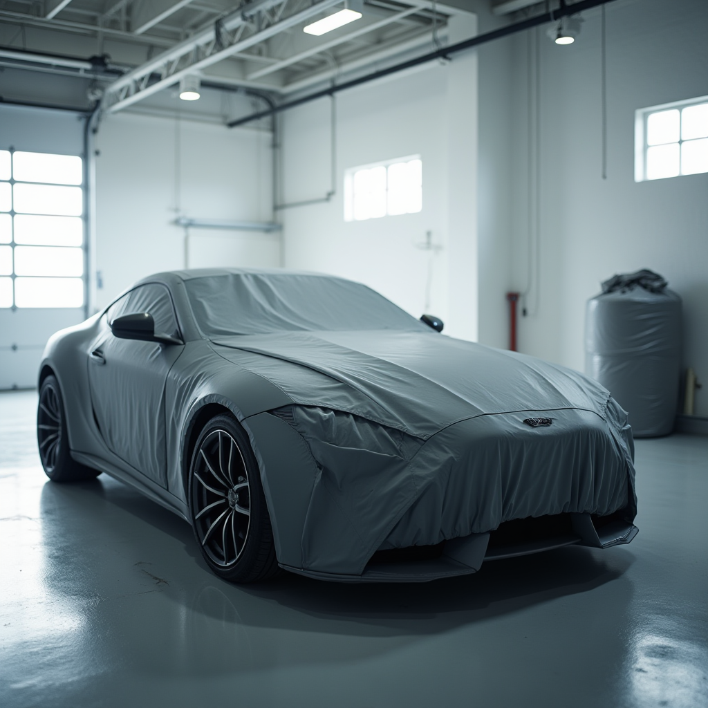 A covered car sits in a bright garage with its shape partially visible.