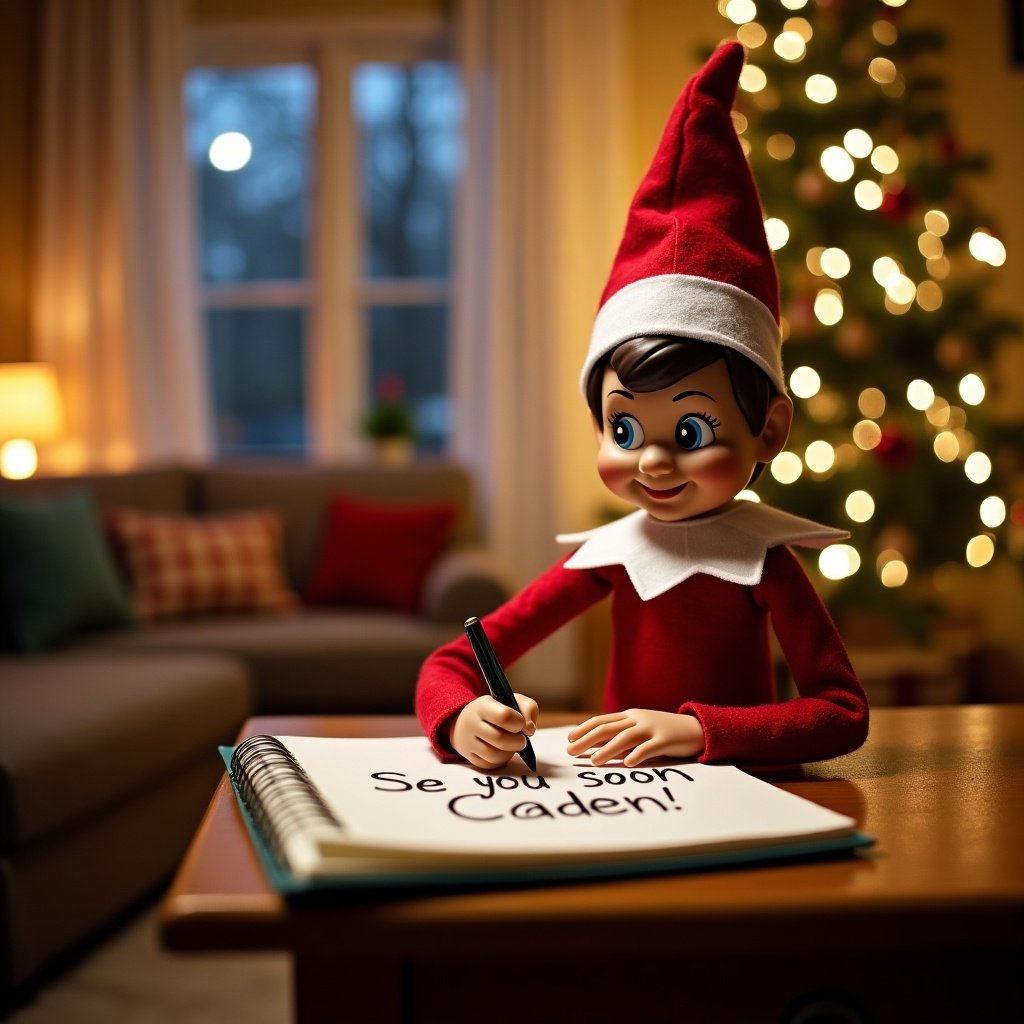 An Elf on the Shelf character is seen sitting at a wooden table, writing in a notebook. The elf, dressed in a classic red and white outfit, has a playful expression while writing 'See You Soon Caden!'. In the background, a cozy living room is decorated with a Christmas tree adorned with lights, creating a festive atmosphere. The positioning of the elf and the warm ambiance evokes a sense of holiday joy and anticipation. This scene captures the magic and tradition associated with the Elf on the Shelf during the Christmas season.