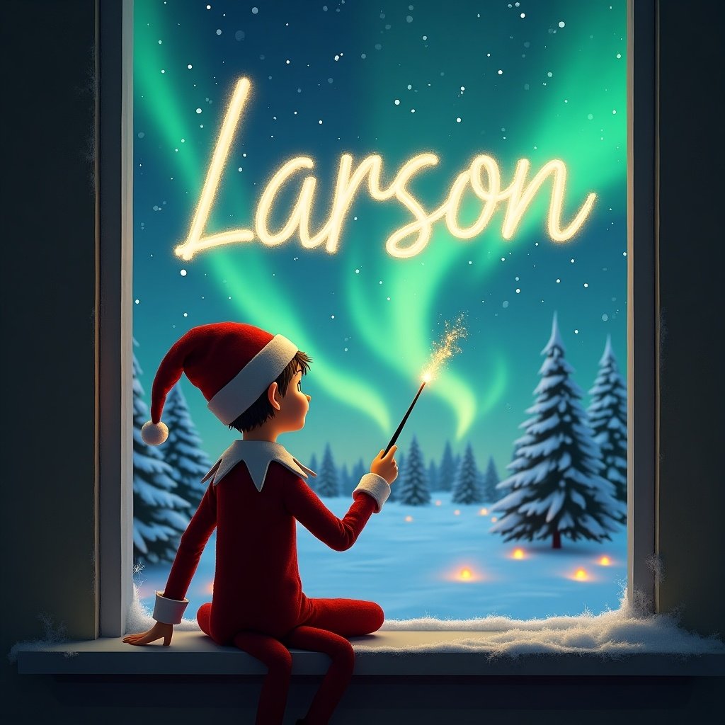 The image shows an elf on the shelf with his back to the viewer, sitting on a windowsill. He is looking up at the magical northern lights while using a wand to write 'Larson' in the sky. The background features a snowy landscape with pine trees and twinkling lights. The elf is dressed in a classic red outfit with a pointy hat. A sense of wonder and joy fills the scene, capturing the spirit of the holiday season.