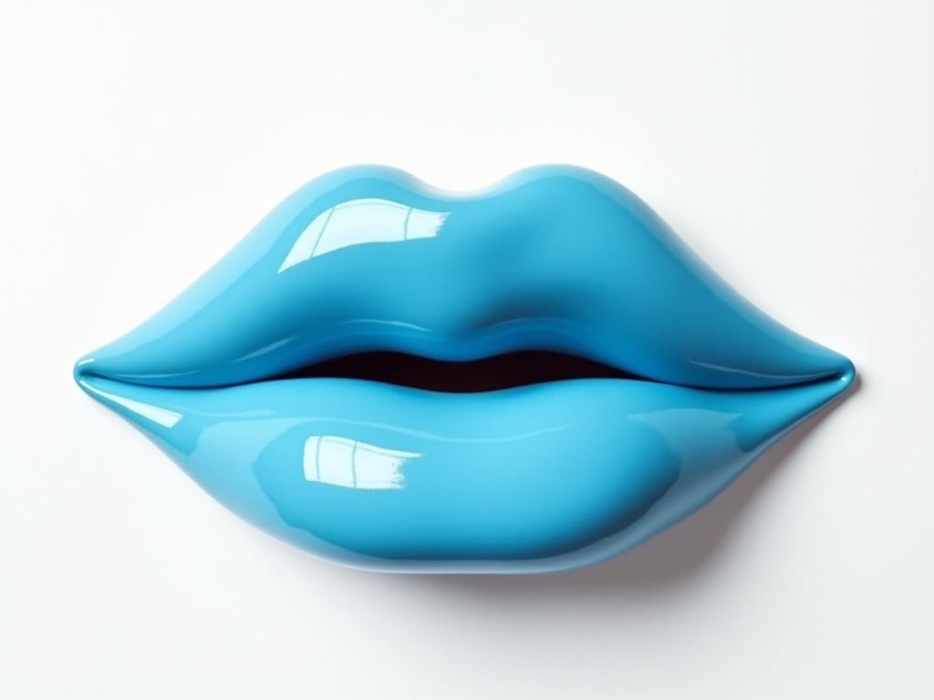 This image features a pair of oversized, glossy lips painted in vibrant light blue. The background is plain white, enhancing the vividness of the lips. This artistic piece blends beauty and modern art seamlessly. The glossy finish creates a stunning visual effect, enticing viewers. Perfect for applications in the cosmetic and fashion industries, it stands out as a bold statement piece.