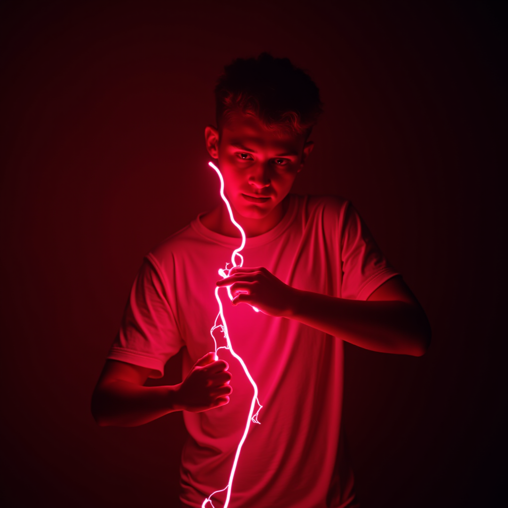 A person in a red-lit room holds a bright pink neon light.