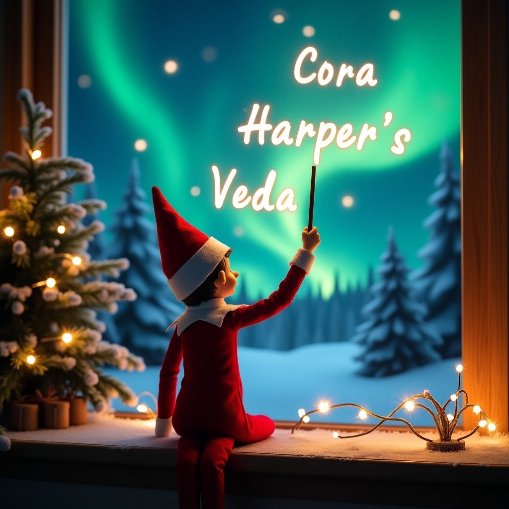 An enchanting Christmas scene featuring an elf on the shelf, who is facing the sky with his back to the viewer. The elf, dressed in red and white, wields a magic wand, writing 'Cora', 'Harper', and 'Veda' in a glowing script. The backdrop is adorned with vibrant northern lights, creating a magical ambiance. The scene is festive, portraying the spirit of Christmas. The elf's position and action evoke wonder and excitement, capturing the joy of the season.