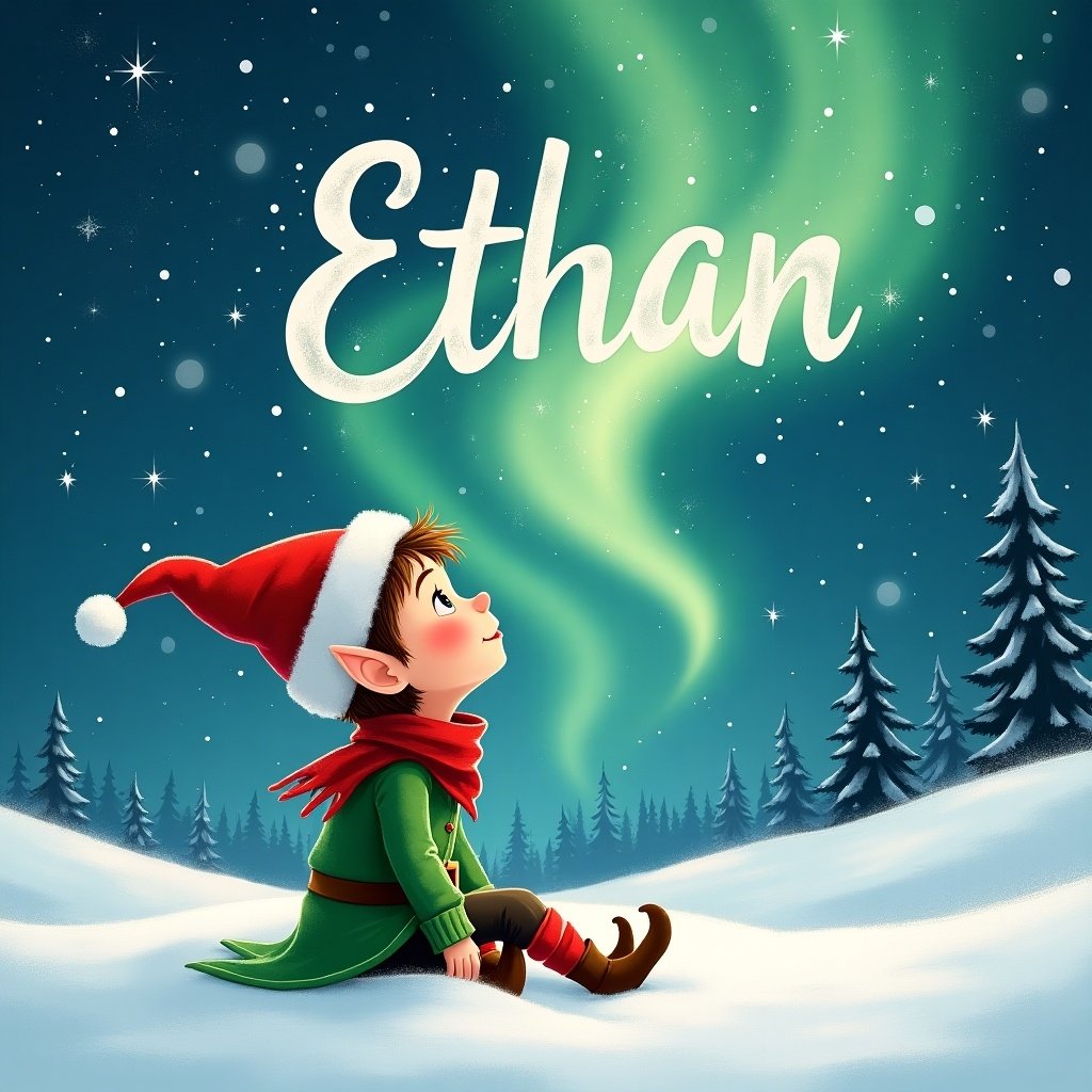 This whimsical image features an elf sitting in the snow, gazing up at the sky. The northern lights dance beautifully above, illuminating the snowy landscape. In the sky, the name Ethan is written in a playful, festive font. The scene captures the magic of Christmas, combining holiday charm with a sense of wonder. This artwork is perfect to evoke the holiday spirit and celebrate family traditions during the festive season.