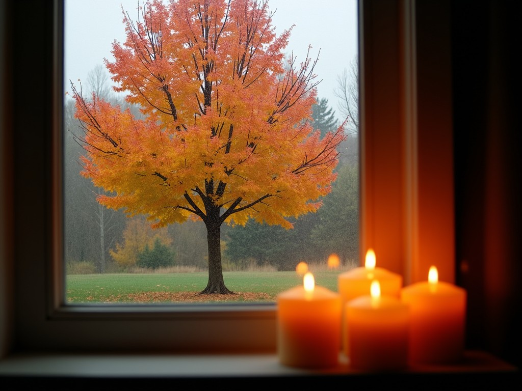 The image depicts a beautiful fall tree outside a window, showcasing a vibrant display of orange and yellow leaves. Inside, cozy candles are lit, casting a warm glow that enhances the ambiance. The rain gently falls against the window, creating a serene and tranquil atmosphere. This scene captures the essence of autumn on a quiet, rainy day. It invites feelings of comfort and warmth amidst the cool, wet weather outside.