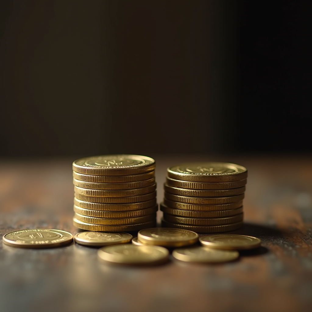 The image shows two neat stacks of shiny gold coins on a wooden surface.