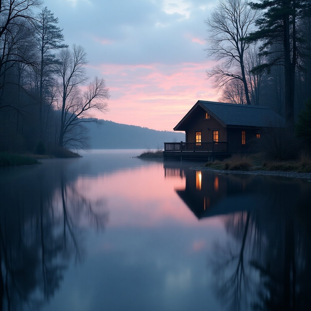 This image depicts a tranquil evening scene featuring a cozy cabin by a calm lake. The reflections of the surrounding trees and the soft pastel colors of the sky create a serene atmosphere at dusk. The cabin's warm windows suggest a welcoming interior. The still water enhances the peacefulness of the landscape. This picturesque setting is perfect for nature lovers seeking a moment of calm.