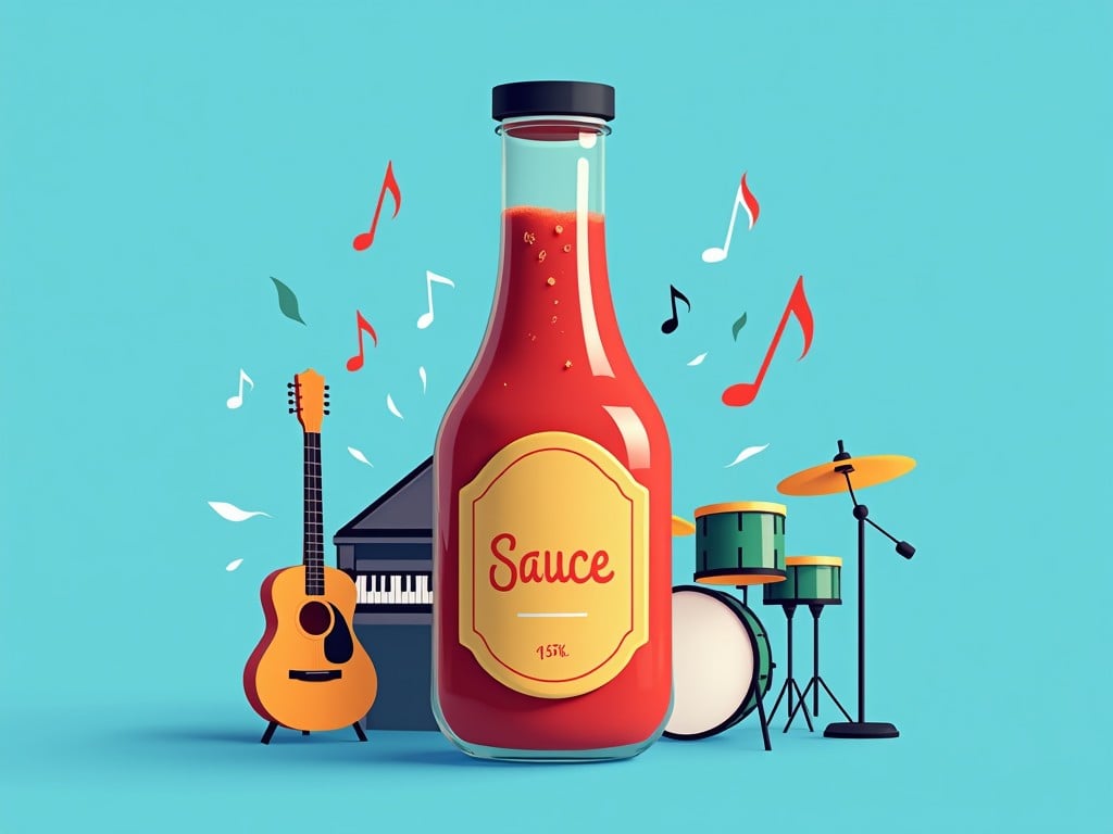 A whimsical illustration features a bottle of sauce as the central element, surrounded by musical instruments including a guitar, piano, and drums. Floating musical notes add a lively and playful atmosphere, set against a bright cyan background, creating a fusion of culinary and musical themes.