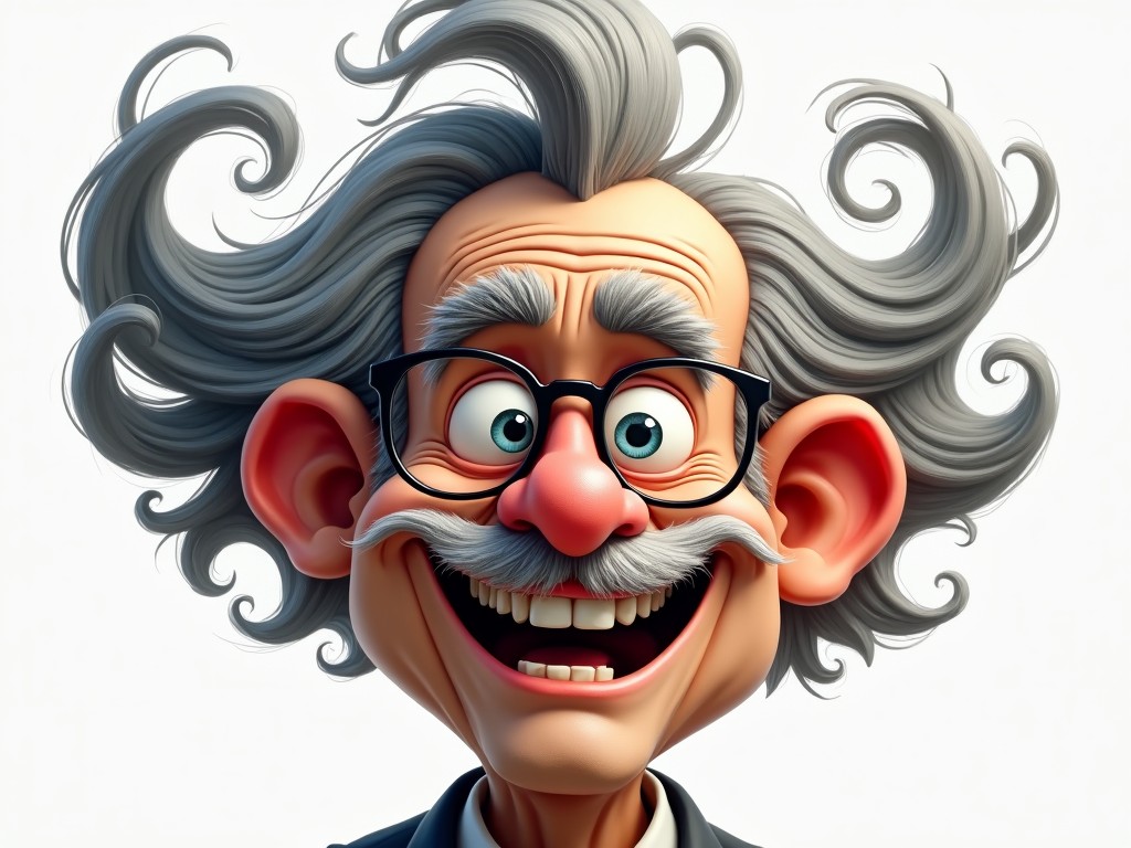 a whimsical cartoon character with wild gray hair and a big smile, wearing glasses, in a colorful and playful style