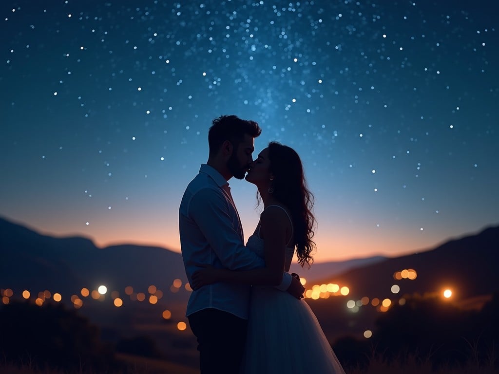 A beautiful scene featuring a couple sharing a kiss under a starry night sky. The couple is silhouetted against the backdrop of twinkling stars and a soft glow from distant city lights. Their intimate moment captures the essence of romance and connection. The soft colors of twilight blend seamlessly with the night. It's a perfect representation of love and harmony in nature's embrace.