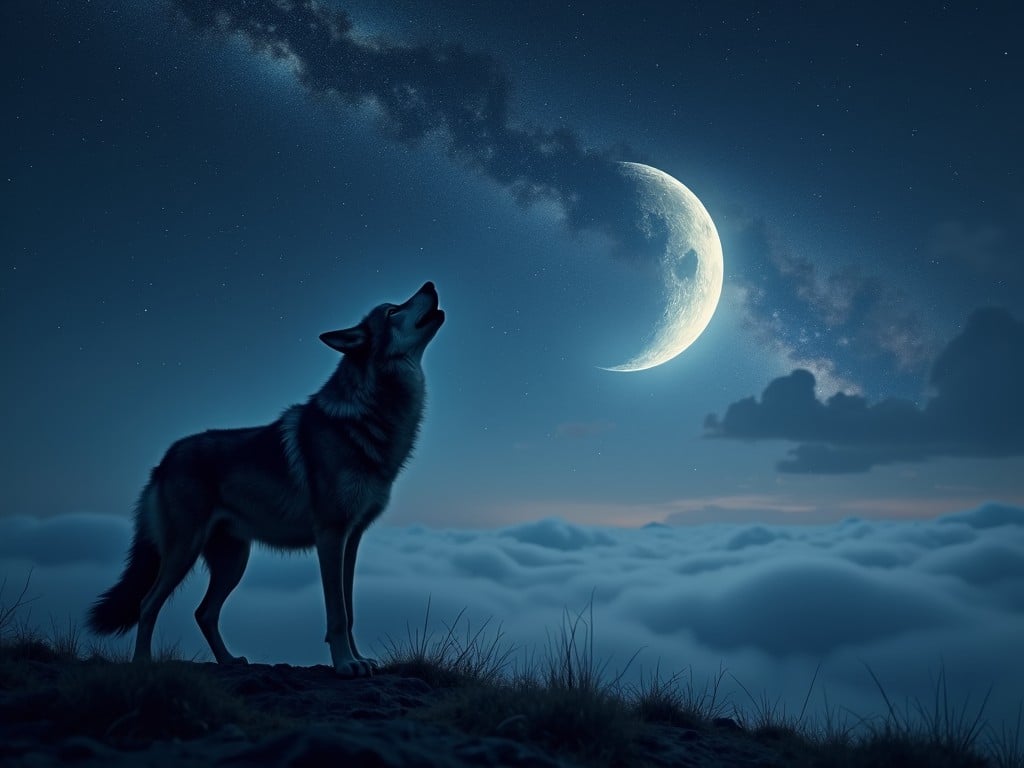 This image depicts a wolf howling at a luminous crescent moon in a striking night sky. The sky is adorned with countless stars and faint galaxies, creating a cinematic view. The wolf is positioned on a hill with soft grass, silhouetted against the glowing moonlight. Wispy clouds float beneath the wolf, contributing to the serene ambiance. This depiction evokes a sense of tranquility and connection to nature, perfectly capturing the essence of a peaceful night in the wilderness.