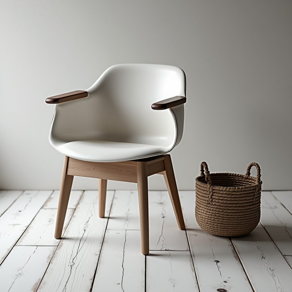 A modern white chair with wooden legs and a rope basket sit on a wooden floor.