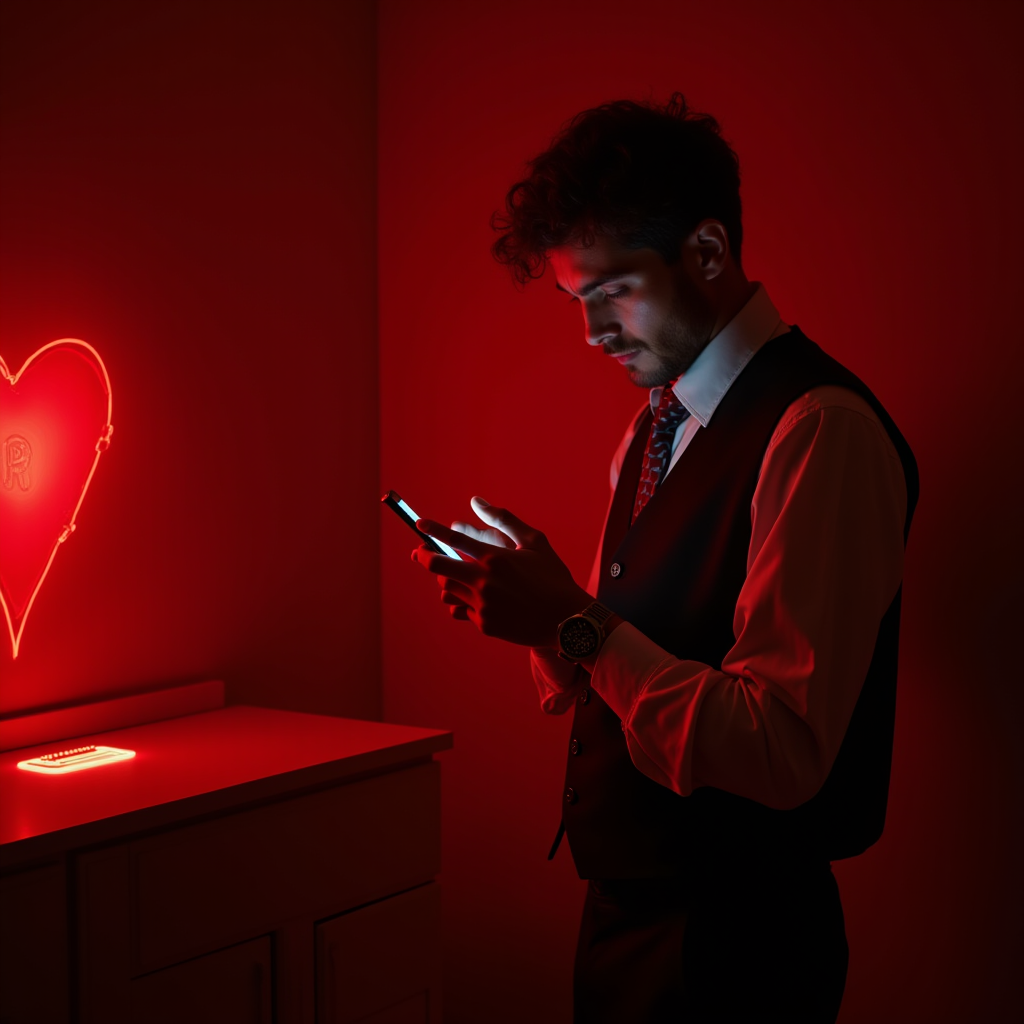 A man stands illuminated by the glow of a phone, with a red neon heart sign casting a warm ambiance.