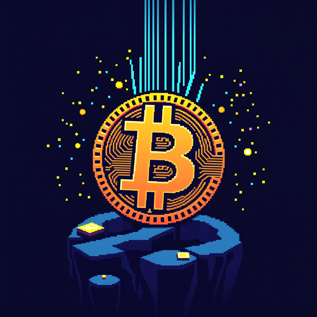 A large, glowing Bitcoin symbol hovers above a futuristic digital platform, surrounded by streams of light and digital particles.