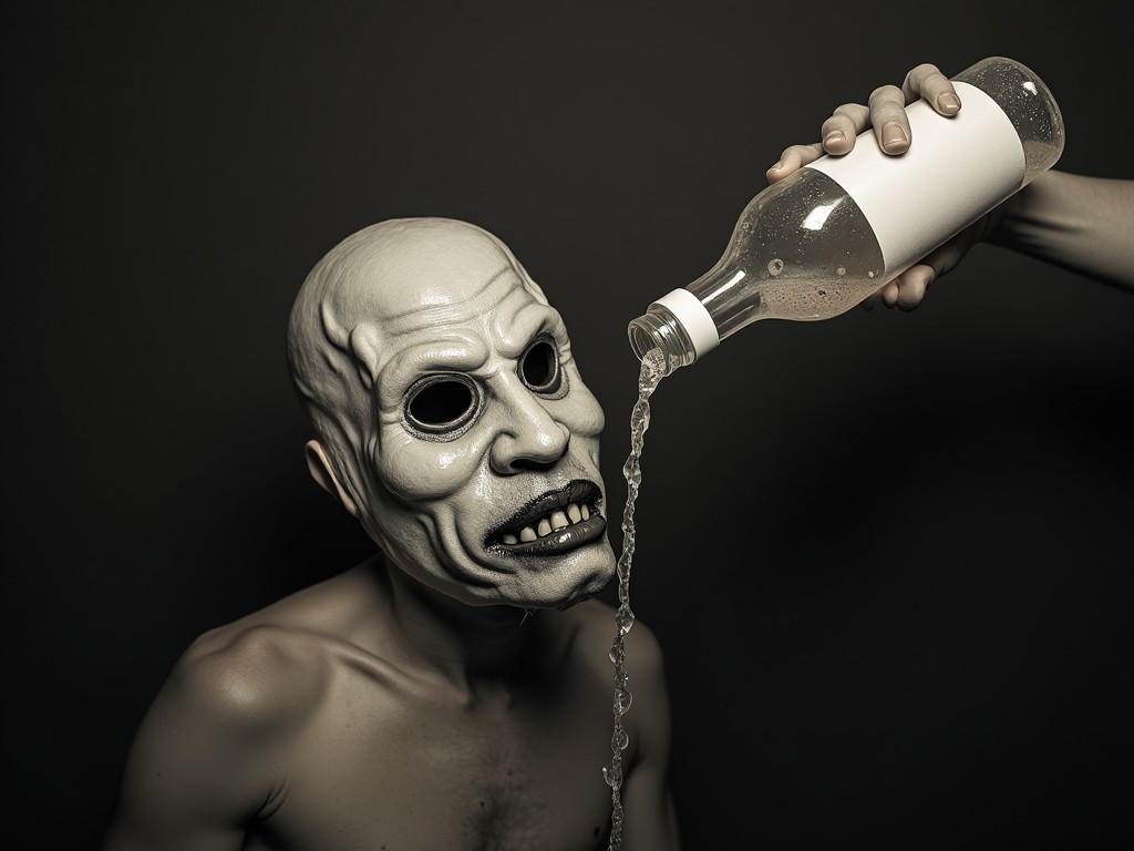 A person wearing a strange mask that resembles a distorted face is having a liquid poured on them from a bottle. The mask looks somewhat creepy with exaggerated, hollow eyes. The liquid is flowing from the bottle and spilling onto the mask, particularly over its mouth area. The atmosphere appears unsettling, possibly due to a dim or artificial lighting setting. The overall scene is bizarre and intriguing, leaving viewers curious about the context.