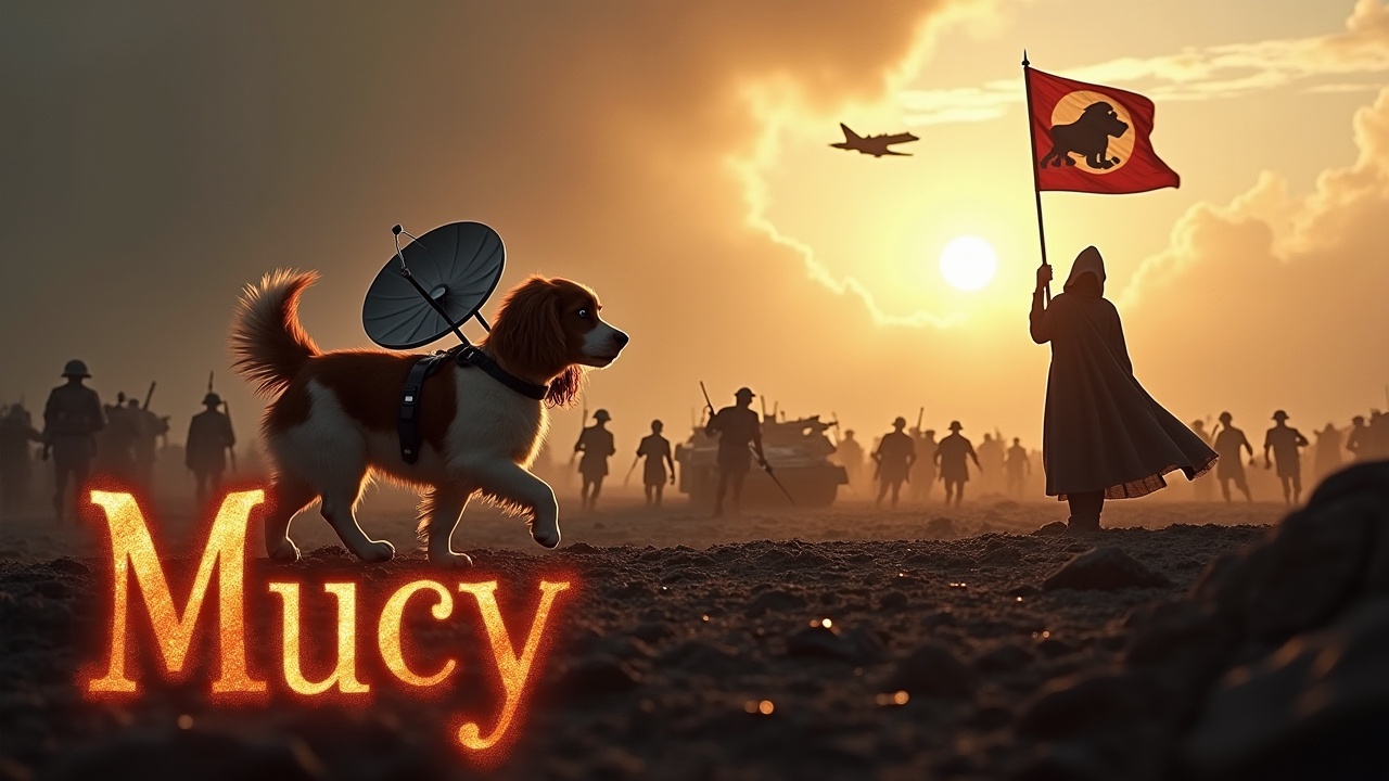 In a dramatic and awe-inspiring scene, a fluffy brown and white Cavalier King Charles Spaniel walks across a dark, desolate battlefield. The dog has a radar dish strapped to its back, symbolizing a playful yet heroic twist. Nearby, a figure in a cloak stands valiantly holding a flag with a dog emblem, adding a sense of purpose to the scene. In the background, numerous small soldiers with rifles and tanks are barely visible among the shadows, hinting at a larger conflict. Above, a jet fighter passes overhead against a sky lit by the bright sun, creating a contrasting background. At the bottom, the title 'Mucy' appears in bold, fiery letters.