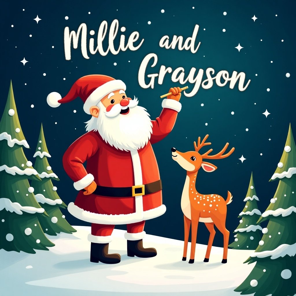 The image features Santa Claus joyfully writing names in the night sky. He stands in a snowy landscape, surrounded by tall evergreen trees. A playful deer is beside him, adding to the festive charm. The text 'Millie and Grayson' is beautifully crafted with a sparkling effect. The entire scene radiates warmth and holiday cheer. This illustration captures the magic of Christmas for children and families alike.