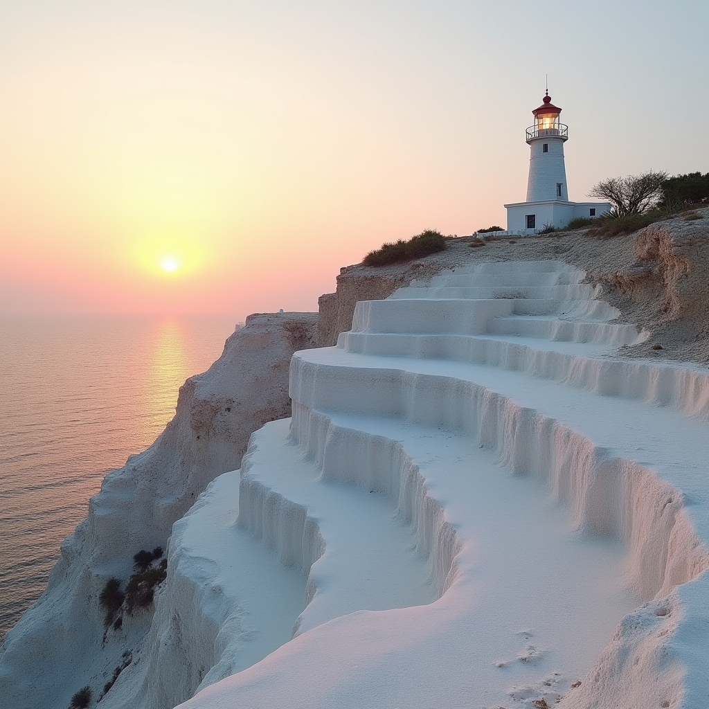 A lighthouse stands atop terraced white cliffs overlooking a calm, sunlit sea.