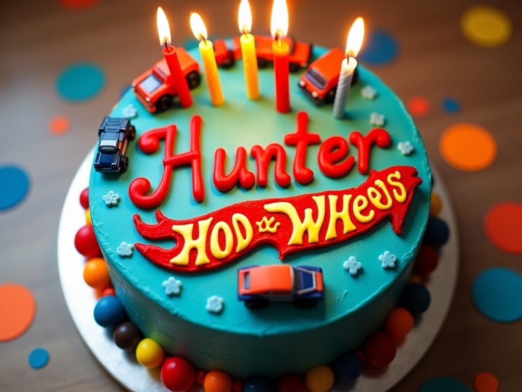 A vibrant birthday cake for a child named Hunter. The cake is blue and decorated with colorful themes including toy cars and bright candles. It features the name 'Hunter' in bold red letters and is surrounded by colorful candy balls. The scene includes playful elements like confetti on the table. This cake is perfect for a child's birthday celebration, showcasing a joyful and festive atmosphere.