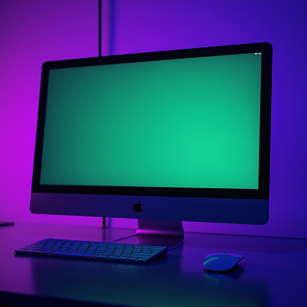 A desktop computer with a green screen, keyboard, and mouse is set against a purple-lit backdrop.