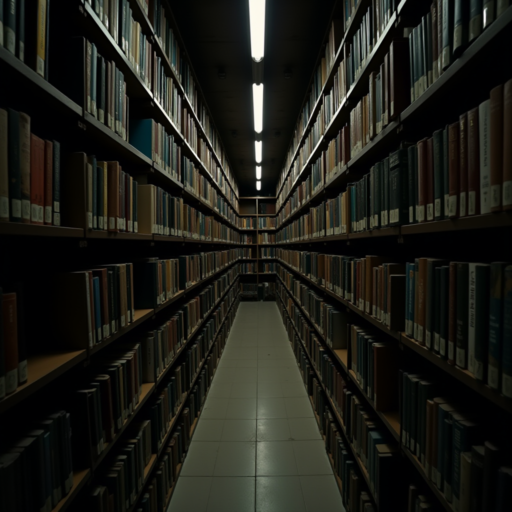 A dimly lit library aisle lined with shelves full of books stretching into the distance.