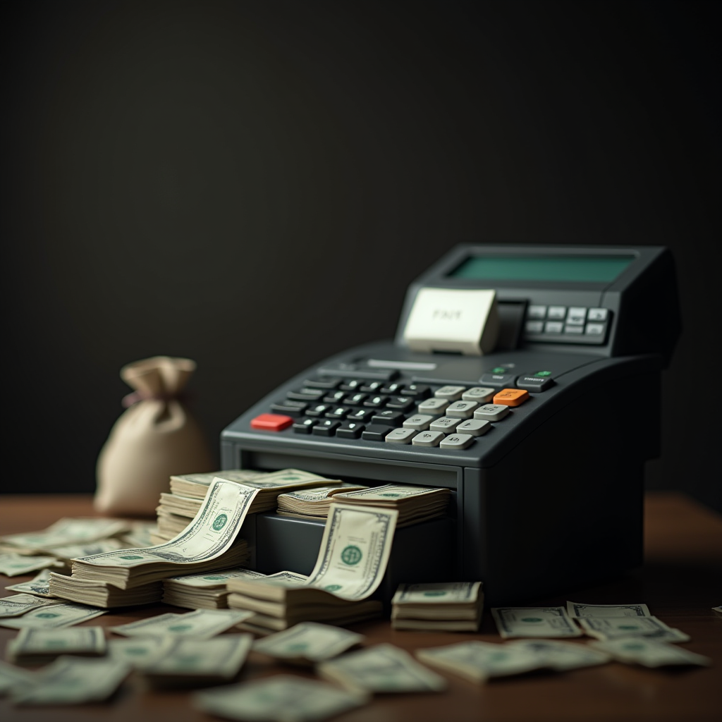 A vintage cash register overflowing with stacks of money.