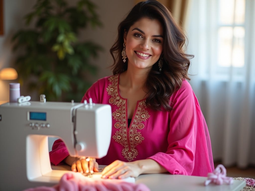 A woman wearing a pink dress smiling while using a sewing machine, with soft natural lighting, indoor setting.