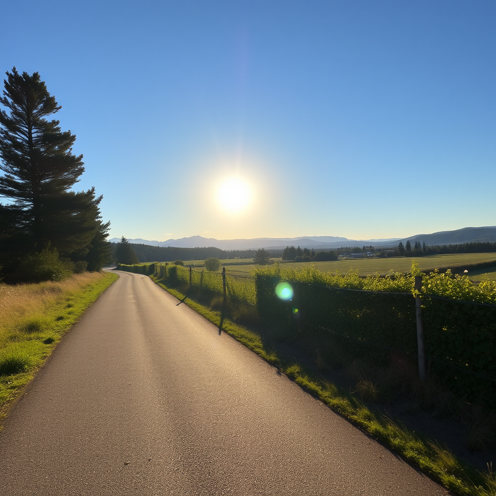 A serene rural path bathed in the golden light of a setting sun, bordered by trees and verdant fields.