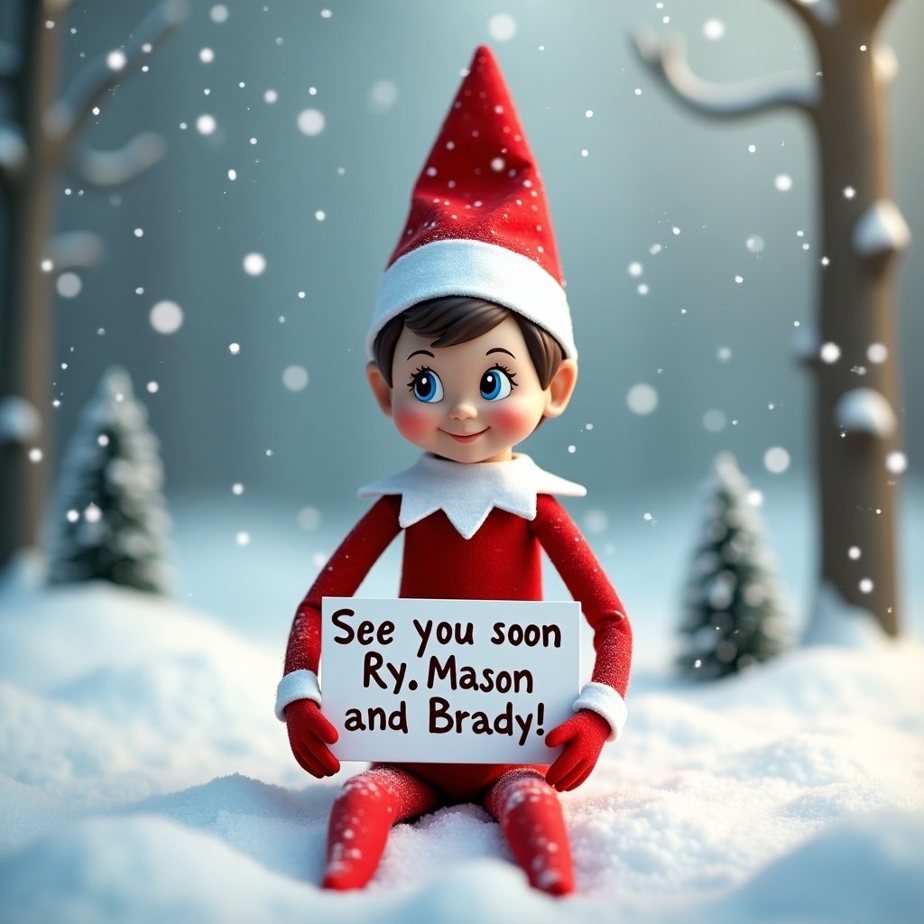 A cheerful elf on the shelf character is sitting alone in a snowy landscape. The elf is wearing a bright red outfit with a pointed hat, and is smiling at the viewer. In its hands, it holds a sign that reads, 'See you soon Ry, Mason and Brady!' in playful lettering. The background consists of softly falling snowflakes and a few sparse trees, enhancing the wintery feel. The lighting is soft and inviting, making it perfect for sharing holiday cheer.