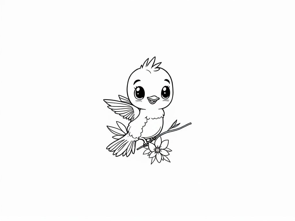 This charming illustration features a cartoon-style bird perched joyfully on a branch adorned with a flower. The bird's large, expressive eyes and cheerful expression evoke a sense of happiness and playfulness. The illustration's simple black and white outline allows for potential coloring and customization.