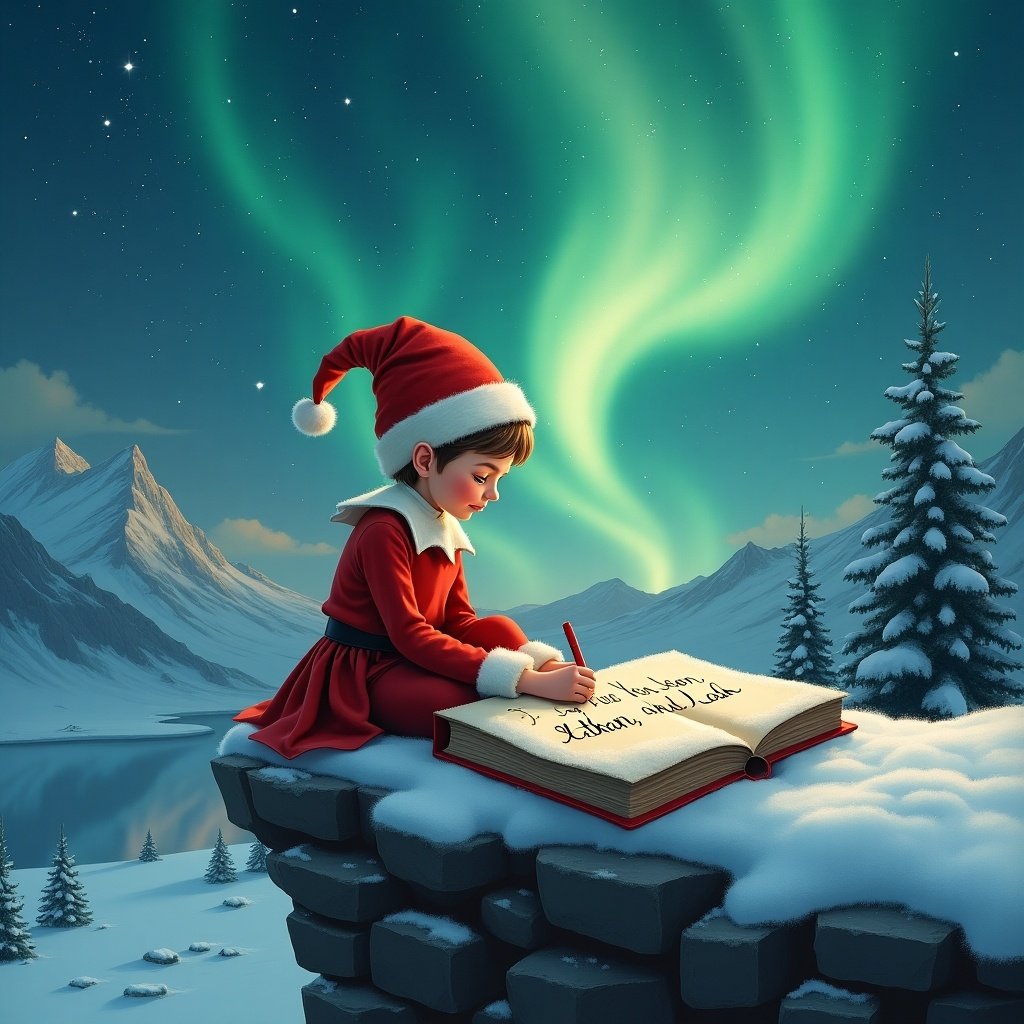 A whimsical Christmas scene featuring a young elf perched on a rocky ledge. The elf is dressed in a classic red outfit and is writing in a large book. The book has the words 'See You Soon Lily, Ethan and Leah' inscribed. Above, vibrant northern lights swirl in the sky, illuminating the winter landscape. Snow-covered mountains and a peaceful vista create a serene backdrop for this enchanting moment. The atmosphere captures a sense of anticipation and magic as the elf prepares for the holiday season.