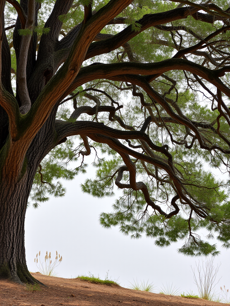 A sprawling tree with thick branches and lush green needles stands on a sloping hillside.