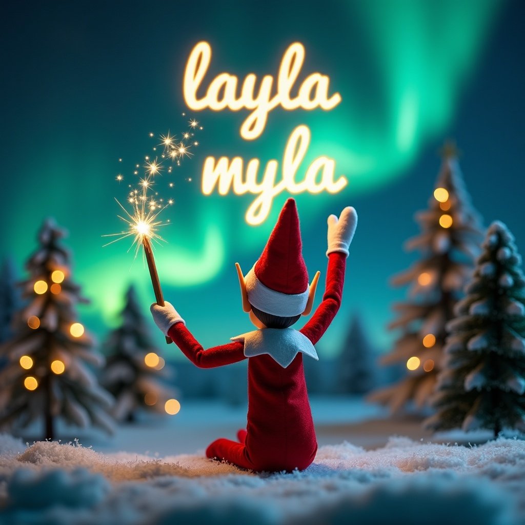 An enchanting Christmas scene depicting a playful elf on the shelf. The elf, dressed in traditional red and white, faces the sky with its back to the viewer. It wields a magic wand, creating glowing words 'layla' and 'myla' in bright script above. The backdrop features stunning northern lights that infuse the scene with color and a magical ambiance. Surrounding the elf are snow-covered trees adorned with twinkling lights, enhancing the festive atmosphere.