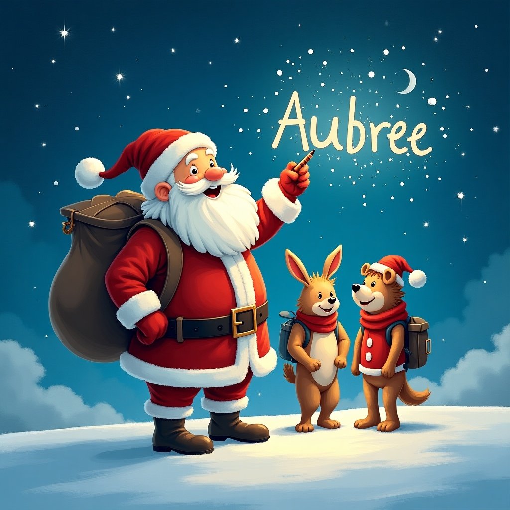 In a whimsical winter landscape, Santa Claus is joyfully pointing upwards where he magically writes names in the sky. Beside him, a cute bunny and a cheerful bear look on with delight. The scene is illuminated by twinkling stars that enhance the festive atmosphere. Santa is dressed in his classic red suit and has a big, friendly smile. The characters are in a snowy environment, adding to the holiday cheer. This image radiates warmth and joy, perfect for the holiday spirit.