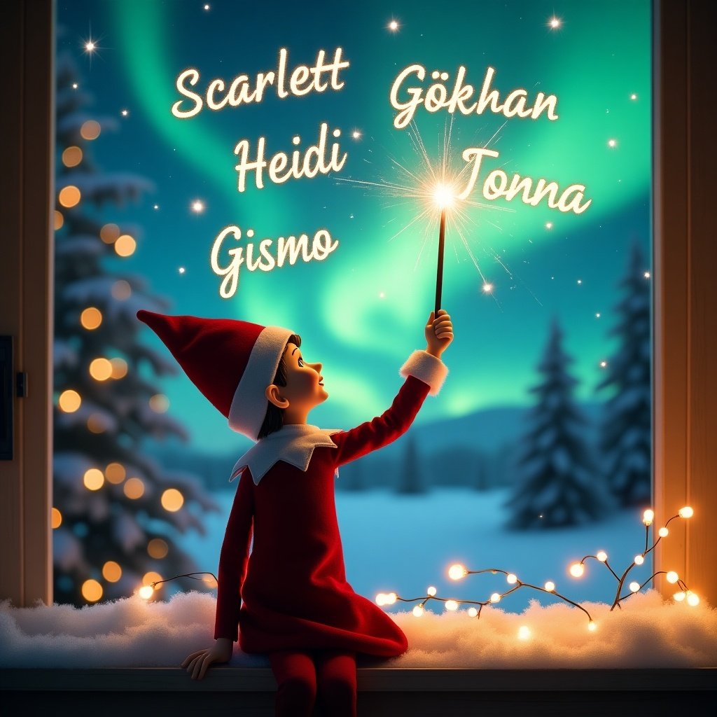 An enchanting Christmas scene unfolds with an elf on the shelf, dressed in traditional red and white, sitting with its back to the viewer. The elf holds a magic wand, casting sparkling names into the vibrant sky above. The backdrop is filled with mesmerizing northern lights, creating a whimsical and magical ambiance. Snow blankets the ground, and evergreen trees frame the scene. The names 'Scarlett', 'Gökhan', 'Heidi', 'Jonna', and 'Gismo' twinkle in the air, enhancing the festive spirit. This artwork captures the joy and wonder of the holiday season.