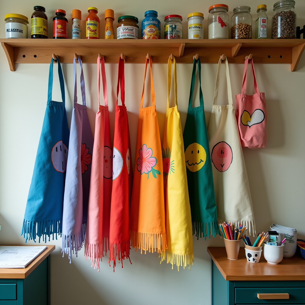 A row of vibrant aprons with playful designs hangs below a shelf of eclectic jars and containers.