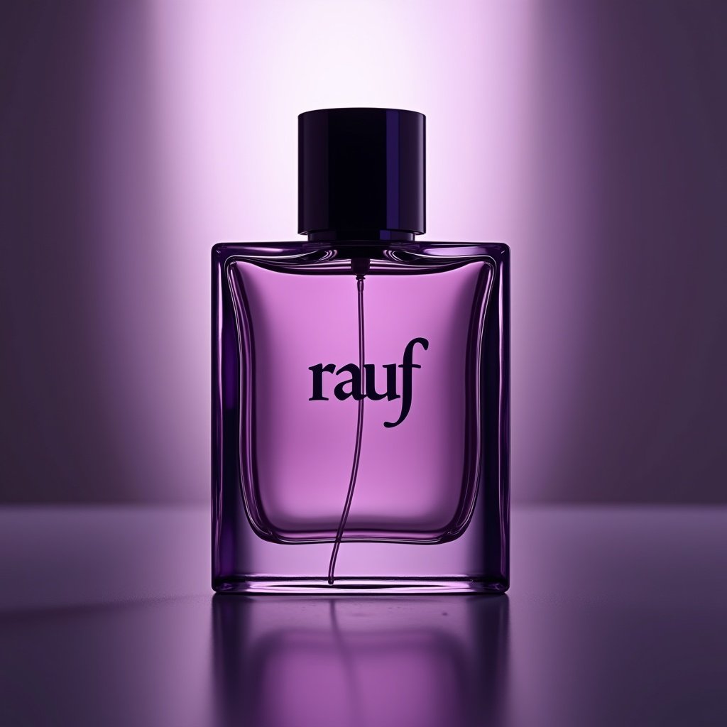 The image features a modern perfume bottle that exemplifies luxury and sophistication. It is designed in a rich purple hue, embodying elegance. The bottle has smooth edges and a minimalistic style, with the brand name 'rauf' displayed in a stylish font. Soft lighting enhances its glass texture and the deep color of the bottle. The background is discreetly lit, emphasizing the allure of the perfume. This design is ideal for contemporary cosmetic branding.