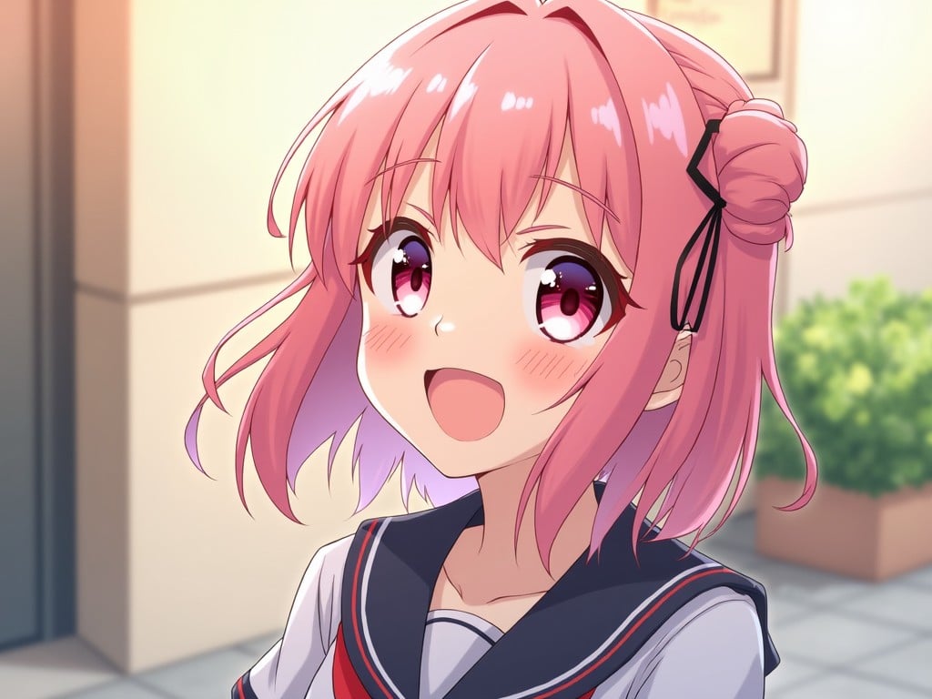 anime girl with pink hair, smiling in a school uniform, vibrant colors, anime art style