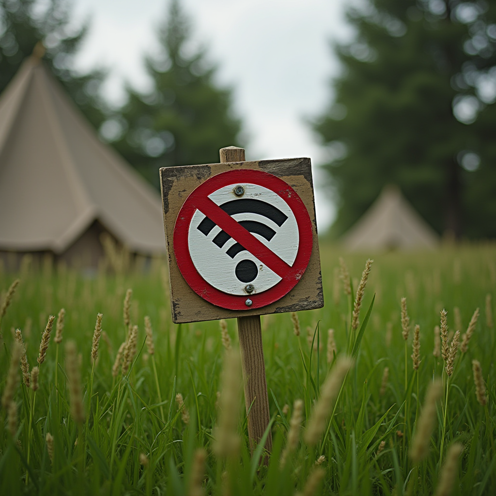 A no Wi-Fi sign in a grassy field near tents.