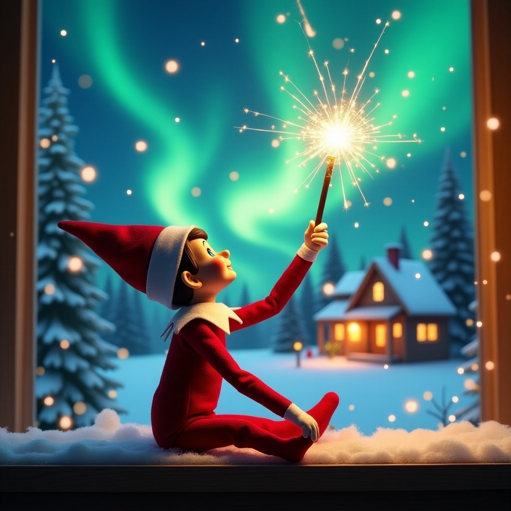 An elf on the shelf sits with its back to the viewer, gazing skyward. It holds a glowing wand that emits sparkling light. The background showcases a charming Christmas scene with colorful northern lights swirling above. In the distance, a cozy house can be seen, decorated for the holidays. Snow covers the ground, adding to the winter atmosphere and creating a sense of holiday cheer. The elf is in a playful position, embodying the magic and wonder of Christmas, and the name 'Elli and Alfie, see you soon' is written in the air with the wand.