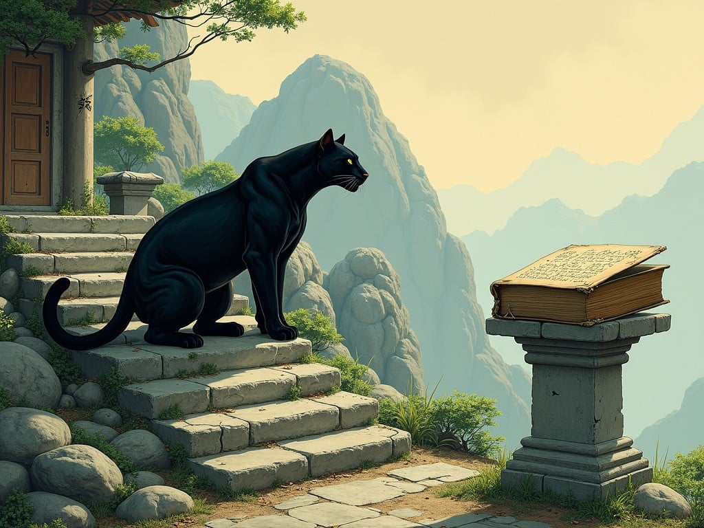 In a serene mountainous setting, a majestic black panther gazes intently at an ancient tome resting on a stone pedestal. The book, filled with mysterious scripts, appears to hold arcane secrets. The scene is framed by stone steps leading to a traditional doorway, with lush greenery and towering peaks in the background.