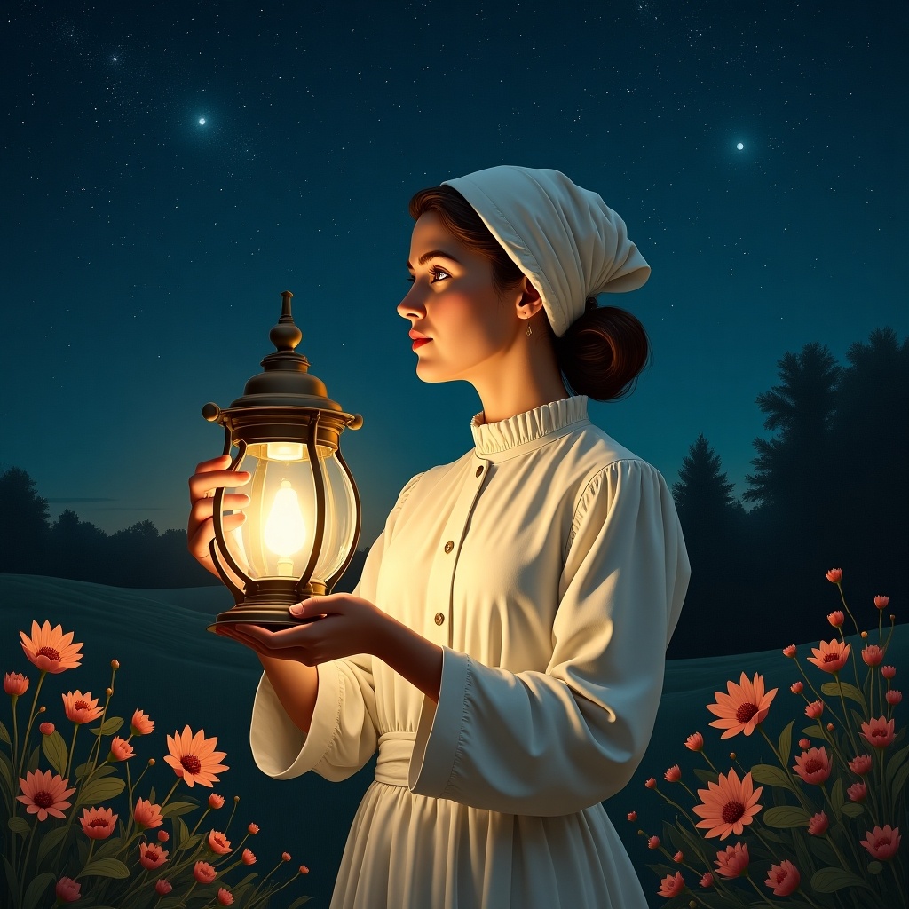 The image features a woman resembling Florence Nightingale standing in a serene, starry night setting. She holds a lantern that emits a warm, golden light, creating a soft glow around her. The background is rich with stars, enhancing the tranquil atmosphere. Colorful flowers surround her, adding vibrancy to the scene. The woman's expression is calm and thoughtful, reflecting her dedication to nursing and care.