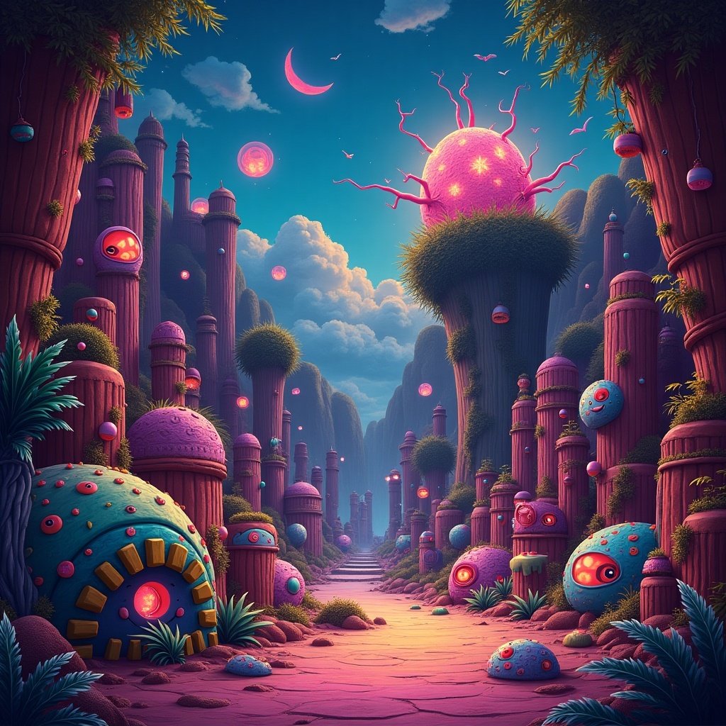 This image depicts a vibrant, colorful otherworldly realm where fantasy meets Mexican cultural motifs. Glowing structures rise majestically from a whimsical path, inviting viewers to explore. The landscape is dotted with fantastical creatures, creating a lively atmosphere. The bright color palette enhances the enchanting feel of this imaginative setting. Soft clouds linger in the sky, adding depth to the scene.