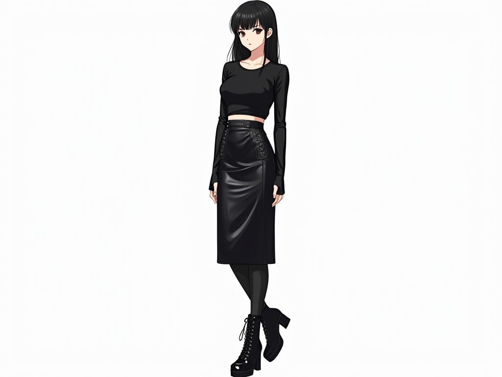 Create an illustration of a young woman with a confident and reserved expression, standing in a relaxed pose. She has long black hair and is dressed in a sleek, dark monochromatic outfit. She wears a form-fitting, long-sleeve black top that slightly stretches across her figure, along with a high-waisted, black leather skirt that reaches mid-calf. Her footwear consists of tall, glossy black platform boots with visible laces that add a stylish, edgy look. The art style should resemble anime with clean lines and semi-realistic touches. Use subtle shading to convey a polished appearance.