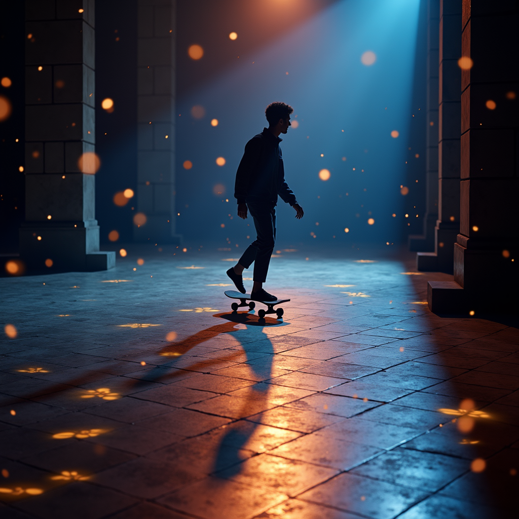 A skateboarder gliding through an illuminated urban space, surrounded by a magical play of lights.